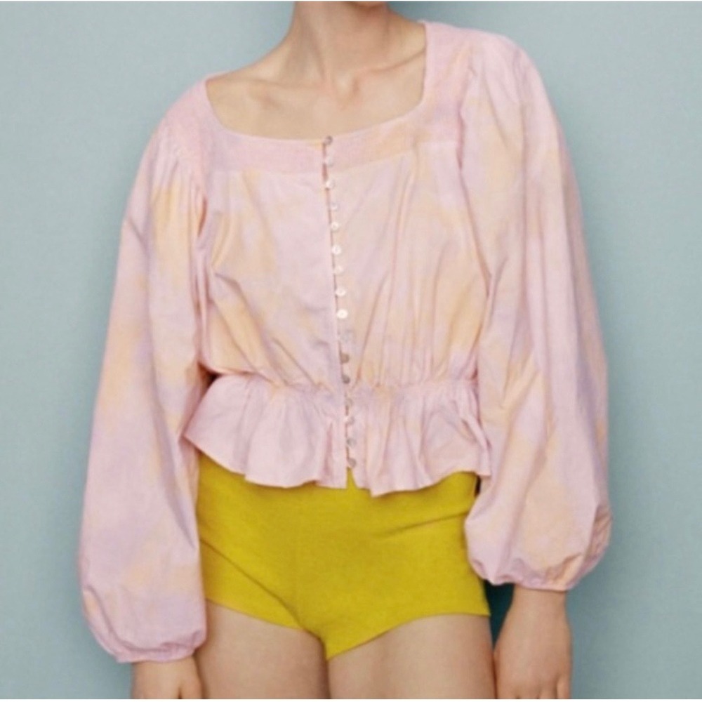 Zara Balloon Sleeve Whimsical Feminine‎ Peasant Blouse Pink Yellow Medium NWT